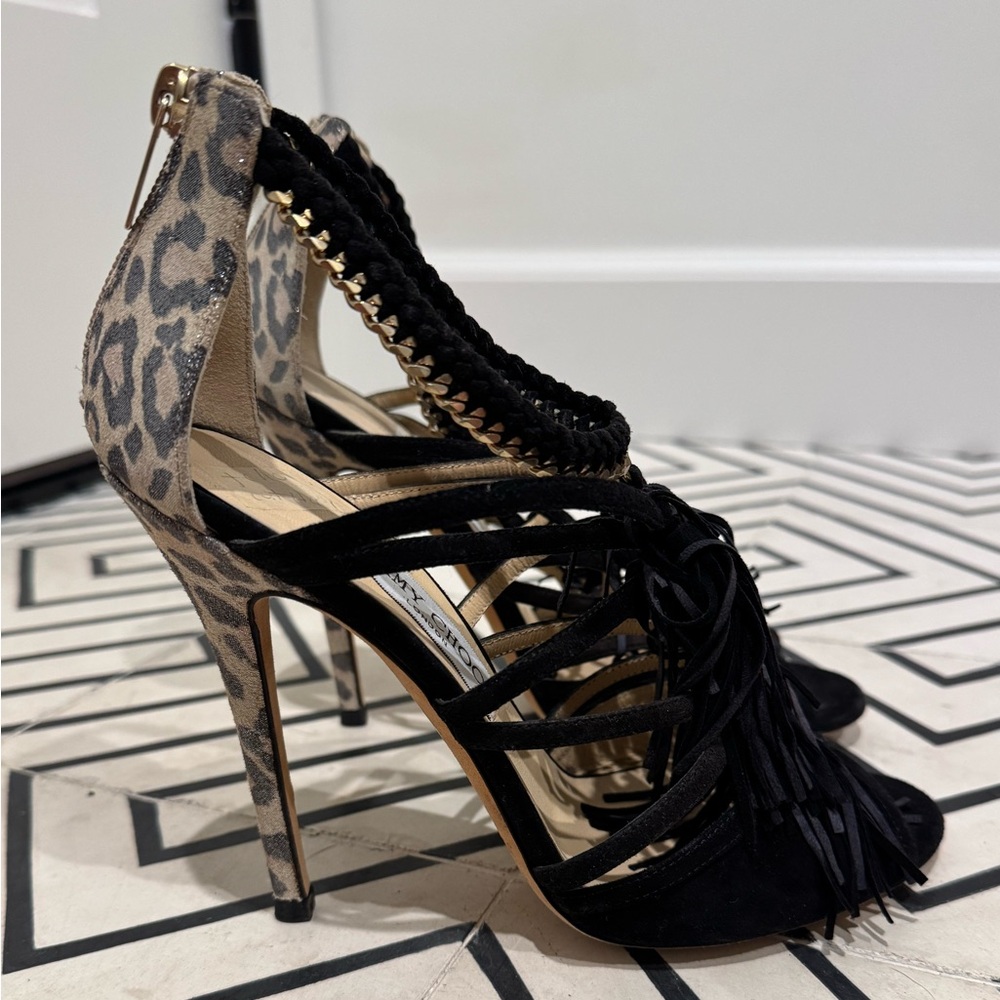 Jimmy Choo Black and Leopard Heels with Intricate Detailing